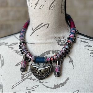 Tribal Boho Fabric, String and Metal Necklace